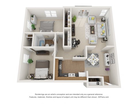 Floor plan for 2 beds, 1 bath, 945 sqft